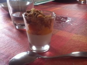 Panna cotta des îles : chocolat blanc, mangue et crumble