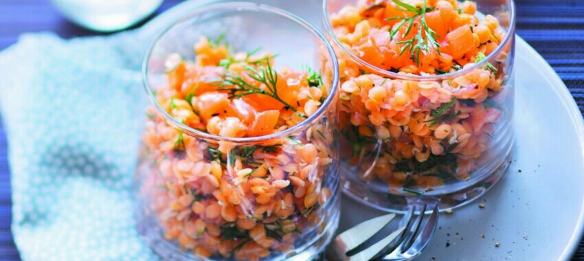 Coral lentils with dill and smoked salmon