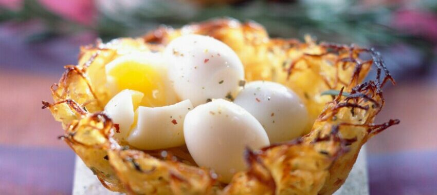 Nest of potatoes and quail eggs
