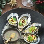 Oysters, apple and celery brunoise with combava-infused sunflower and rapeseed oils