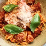 Spaghetti with sausages and tomato sauce by Cyril Lignac