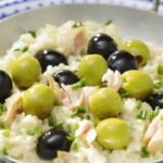 Bomba rice, green and black olive broth and tuna cream