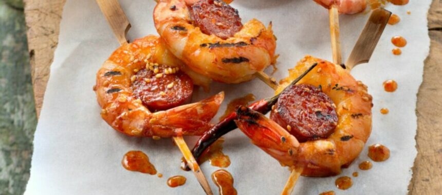 Land & sea chorizo and shrimp skewers