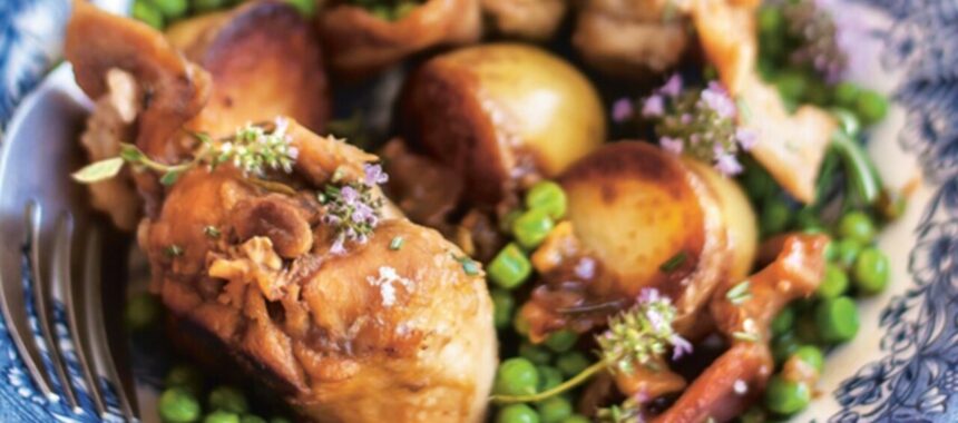 Roasted rabbit with peas and new potatoes