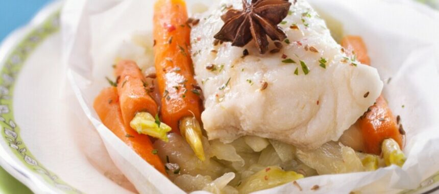 Sea bass papillote with star anise, fennel and carrots