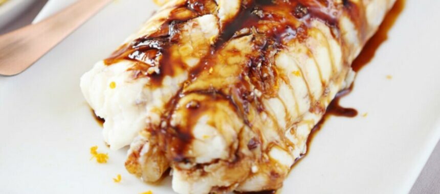 Monkfish tail glazed with honey, orange and chicory