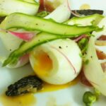 Asparagus salad with tulips, morels and wasabi