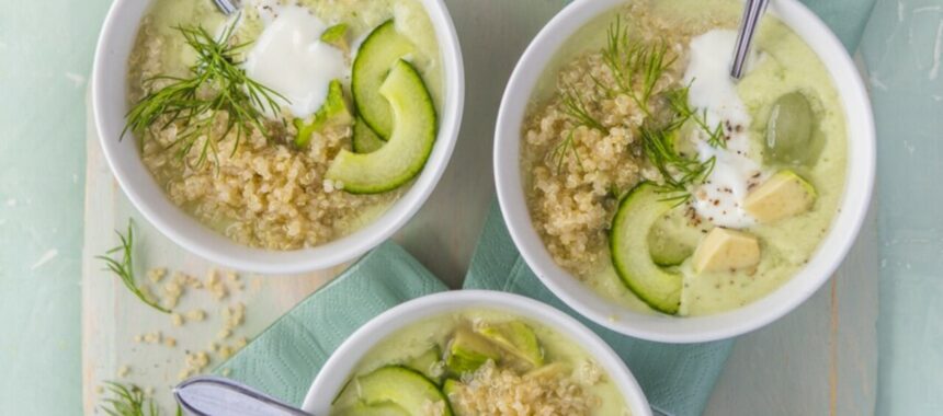 Cold avocado and cucumber soup with quinoa