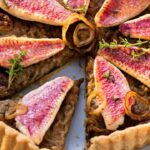 Onion tart with red mullet fillets