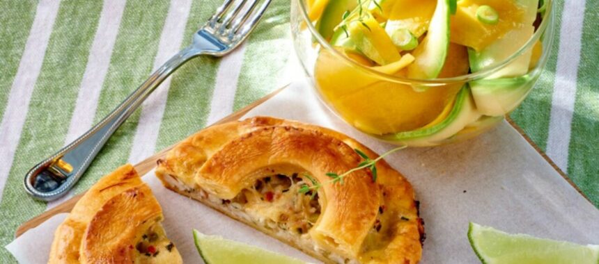 Creole crab tart with avocado and green mango salad