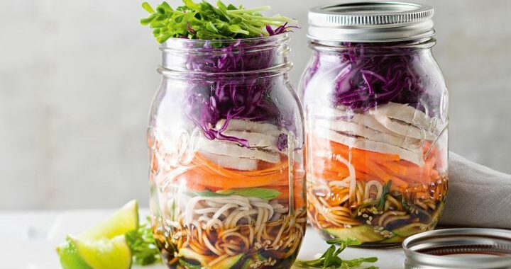 Chicken and soba noodle salad in a jar