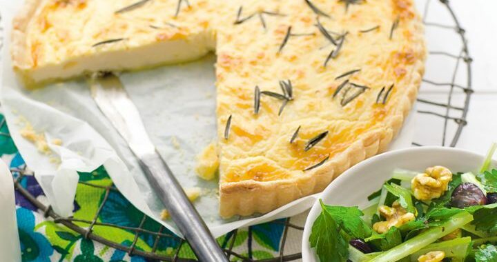 Goat cheese and rosemary tart with grape, celery and walnut salad