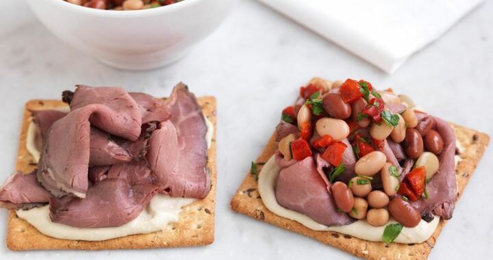 Rare Roast Beef, Hummus, Roasted Beans and Peppers Salad