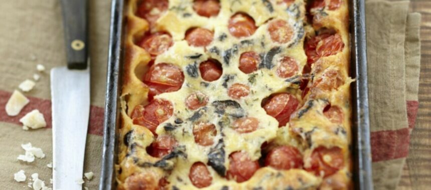 Clafoutis with cherry tomatoes and black olives