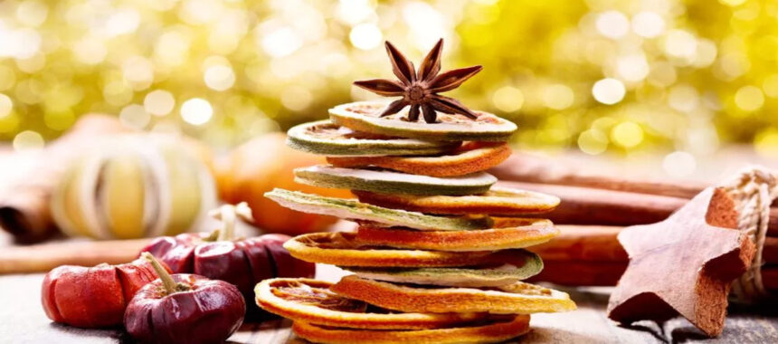 Arty Christmas trees in dried fruit slices