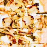 White pizza with onion chicken and CBD pesto