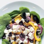 Feta salad, yellow pepper, spinach and black olives