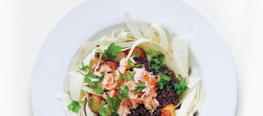 Salmon, potatoes, black quinoa and parsnip salad