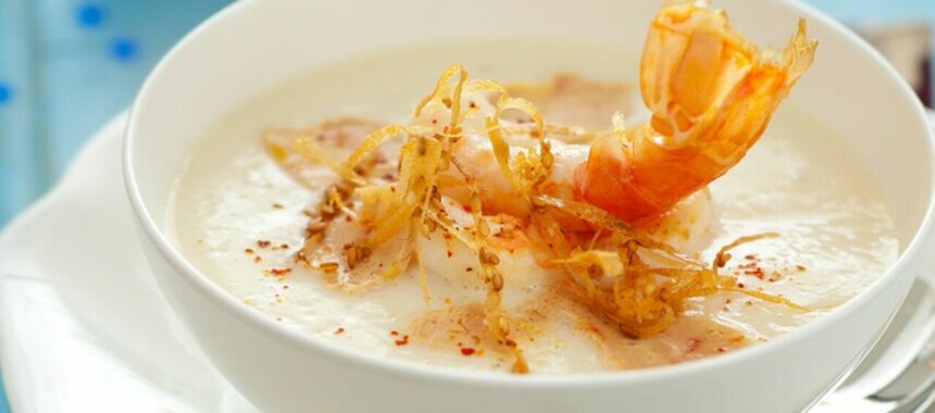 Cream of cauliflower soup with langoustines and foie gras