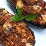 Eggplant stuffed with chicken and quinoa summer flavors