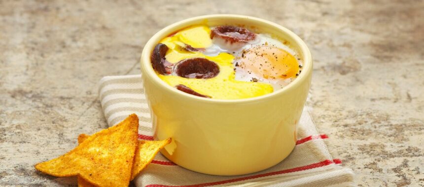 Egg casserole with saffron mousse and chorizo