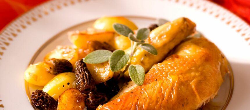 Roasted chicken with morels
