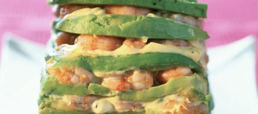 Millefeuille of avocado with prawns