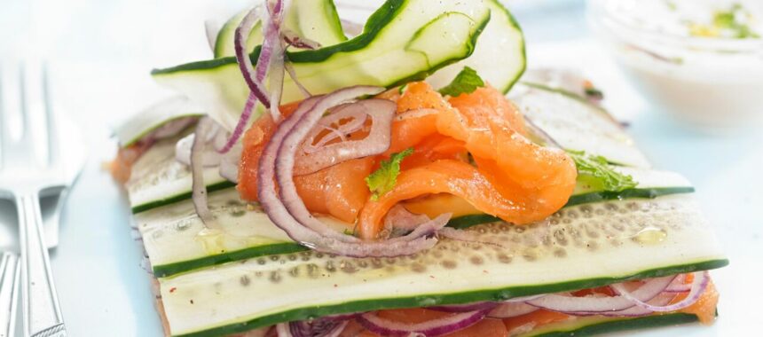 Cucumber and smoked salmon millefeuille