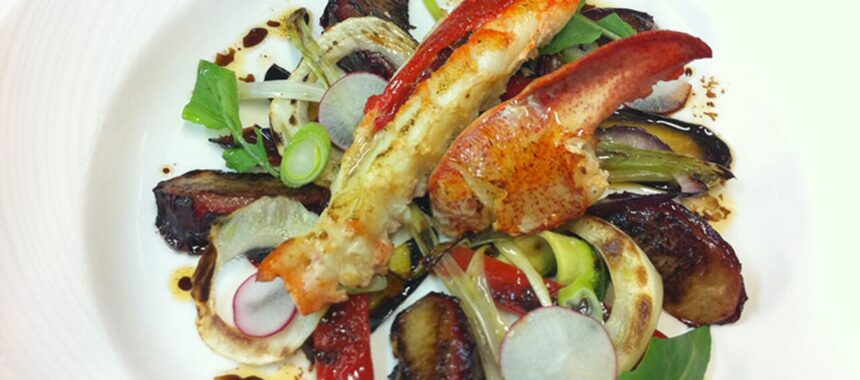 Lobster, grilled vegetables and plums, shellfish oil and Banyuls vinegar