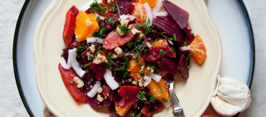 Light winter vegetable salad with citrus fruits