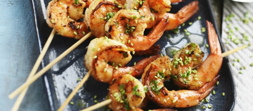 Shrimp and sesame skewers with wasabi