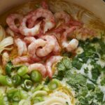 Noodle casserole with shrimp and coconut cream
