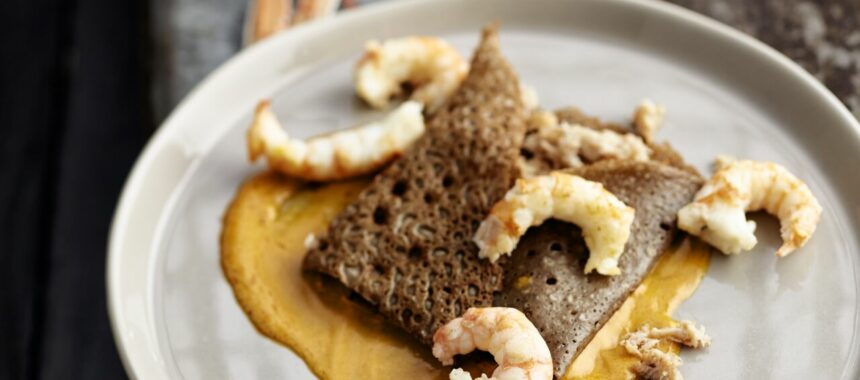 Buckwheat crepe with spider crab and langoustines