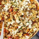 Farfalle with vegetarian bolognese and feta