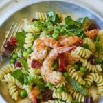 Fusilli with prawns, peas and mint