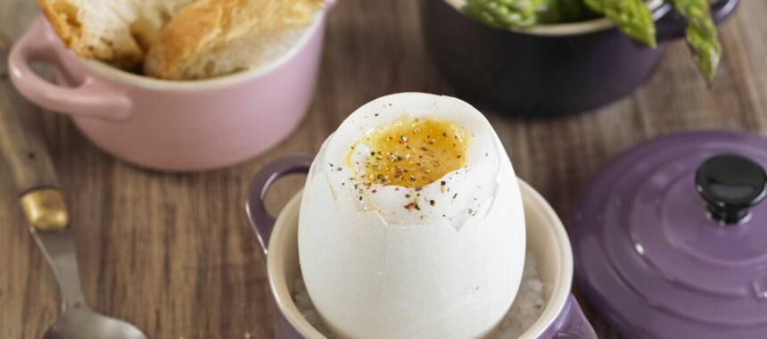 Soft-boiled goose egg with green asparagus