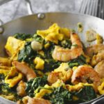 Scrambled eggs with spinach and shrimp