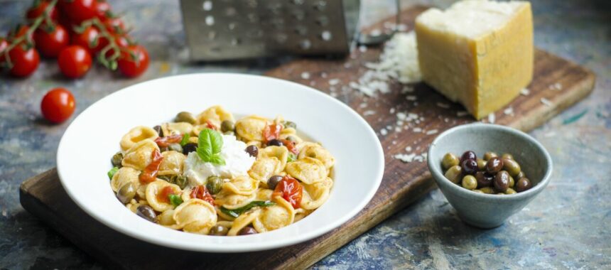 Orecchiette with cherry tomatoes, capers, Kalamata olives and ricotta