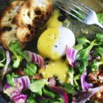 Beet lettuce salad with bacon and soft-boiled egg