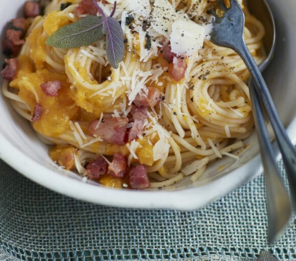 Spaghetti carbonara à la crème de courge