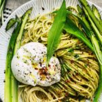 Spaghetti with burrata green asparagus and wild garlic