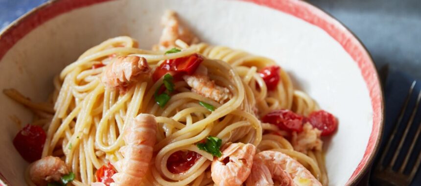 Spaghettis aux langoustines et tomates confites