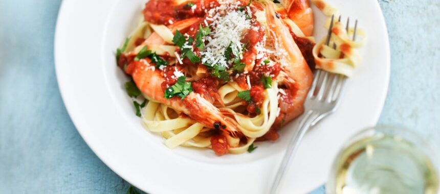 Tagliatelle with tomato prawns and parmesan