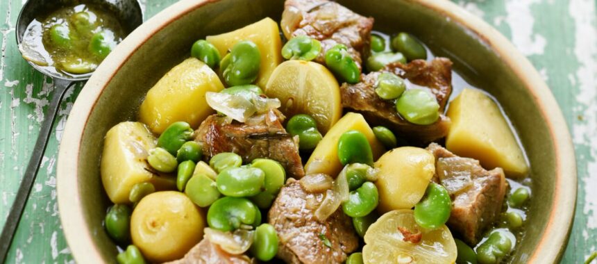 Veal tagine with candied lemon, potato and broad beans