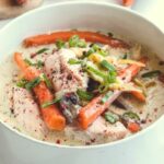 Blanquette of salmon with vegetables