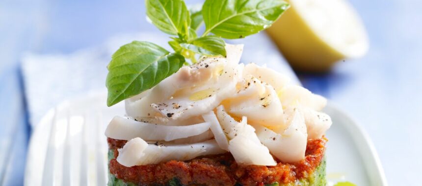 Steamed cod with red pesto