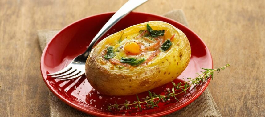Egg casserole in a potato shell with sorrel and salmon