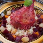 Chicken with beets and vegetable semolina
