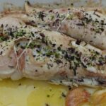 Roasted monkfish tail with garlic cloves