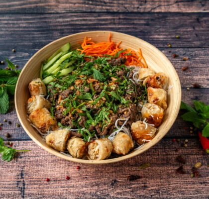 Vietnamese Bo Bun with Spring Rolls